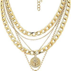 Gold Layered Necklace for Women 5-in-1 Chunky Choker Link Chain Gift